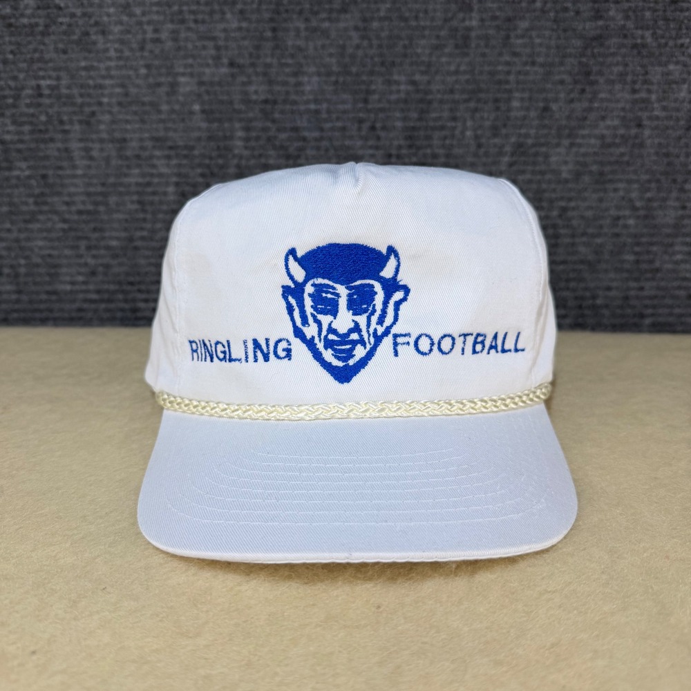 Vintage Ringling Football Snapback Hat White Blue Devil Mascot Cobra Caps Rope